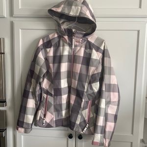 Pink, grey, cream plaid North Face ski jacket- like new condition!